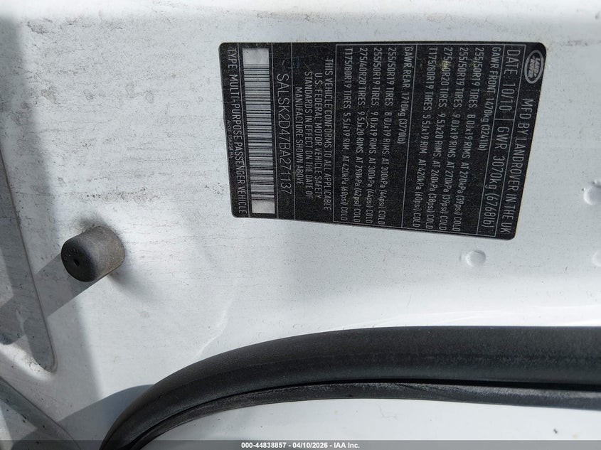 2011 Land Rover Range Rover Sport Hse VIN: SALSK2D47BA271137 Lot: 44838857