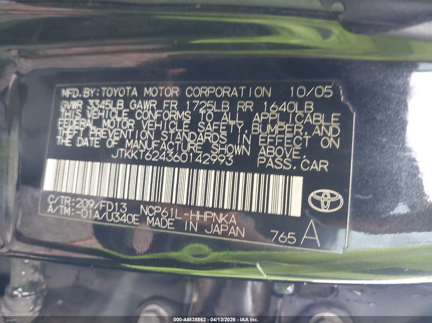 2006 Scion Xa VIN: JTKKT624360142993 Lot: 44838862