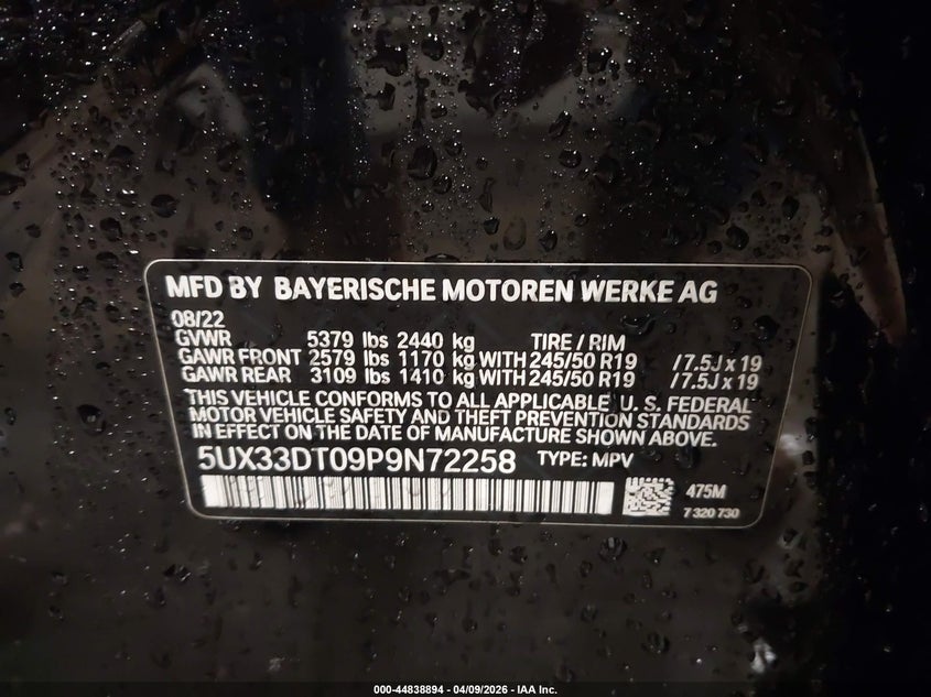 2023 BMW X4 xDrive30I VIN: 5UX33DT09P9N72258 Lot: 44838894