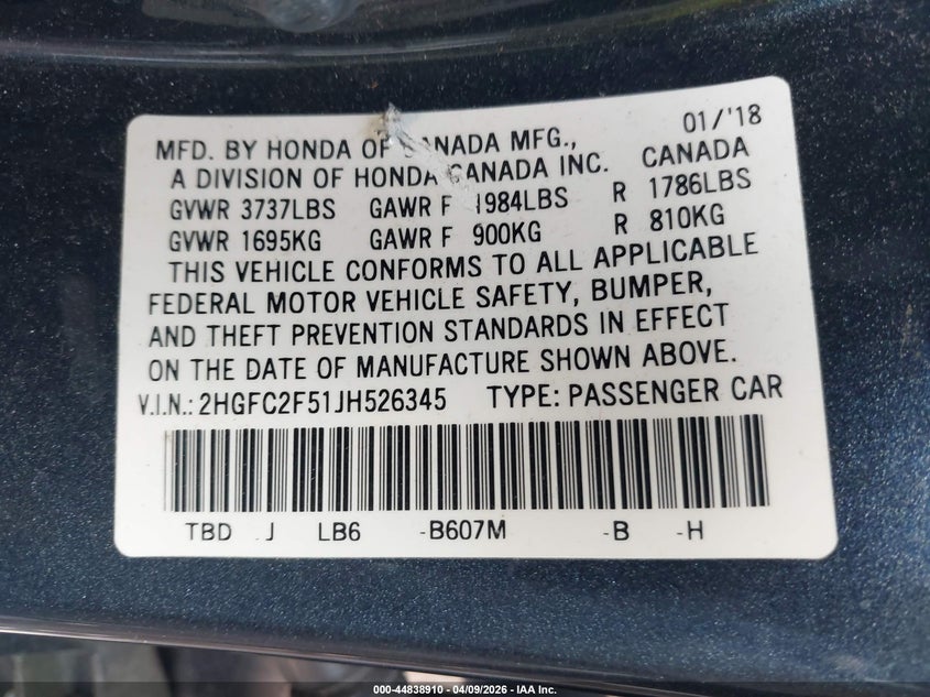 VIN 2HGFC2F51JH526345 2018 HONDA CIVIC LX