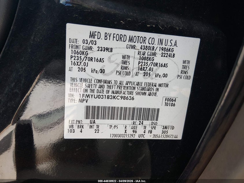 2003 Ford Escape Xlt VIN: 1FMYU03183KC98636 Lot: 44838922