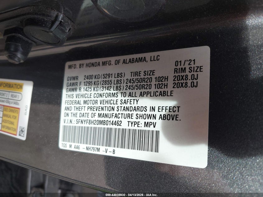 2021 Honda Passport Awd Sport VIN: 5FNYF8H20MB014462 Lot: 44838930
