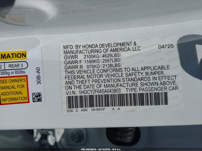 VIN 1HGCY2F64SA043803 2025 HONDA ACCORD HYBRID EX-L