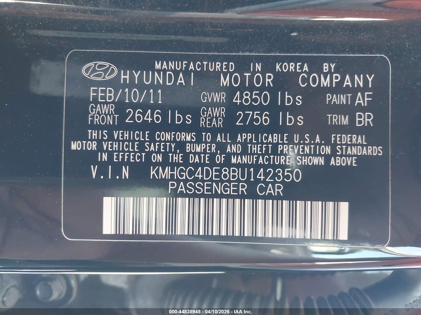 2011 Hyundai Genesis 3.8 VIN: KMHGC4DE8BU142350 Lot: 44838948