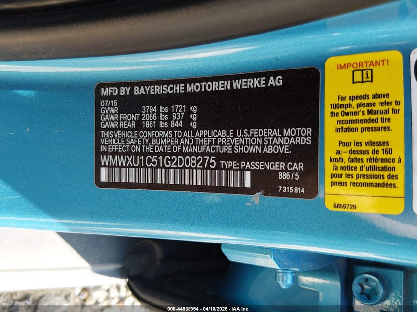2016 Mini Hardtop Cooper VIN: WMWXU1C51G2D08275 Lot: 44838954