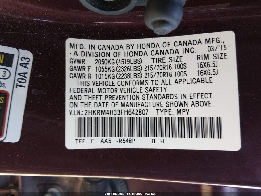 2015 Honda Cr-v 2.4 Cr-V Lx red Lot 111044838968 Vin 2HKRM4H33FH642807