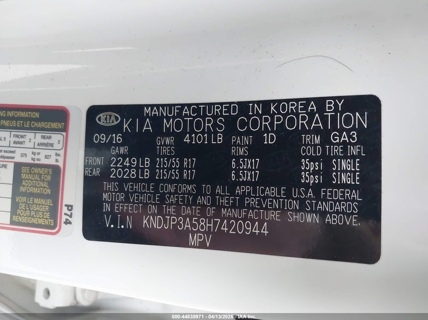 2017 Kia Soul 2.0 + white Lot 111044838971 Vin KNDJP3A58H7420944