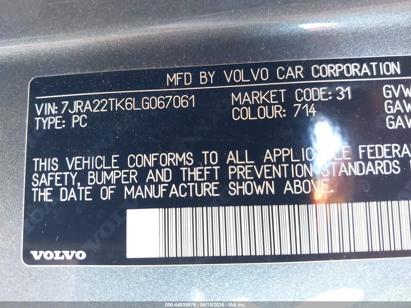 2020 Volvo S60 T6 Momentum VIN: 7JRA22TK6LG067061 Lot: 44838976