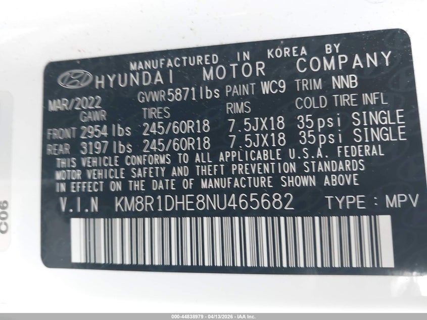 2022 Hyundai Palisade Se VIN: KM8R1DHE8NU465682 Lot: 44838979