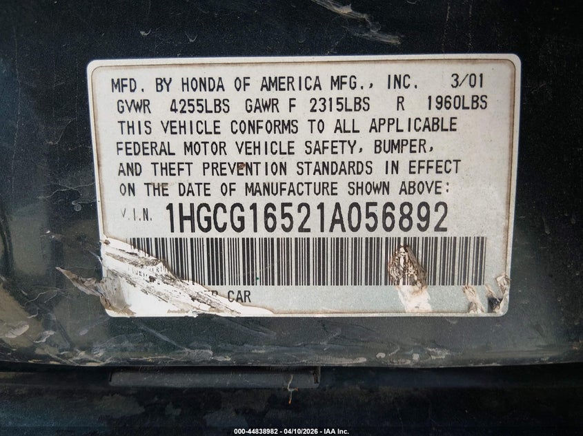 2001 Honda Accord 3.0 Ex VIN: 1HGCG16521A056892 Lot: 44838982