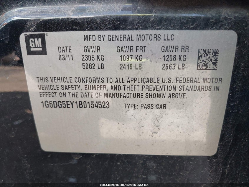 2011 Cadillac Cts Luxury VIN: 1G6DG5EY1B0154523 Lot: 44839016