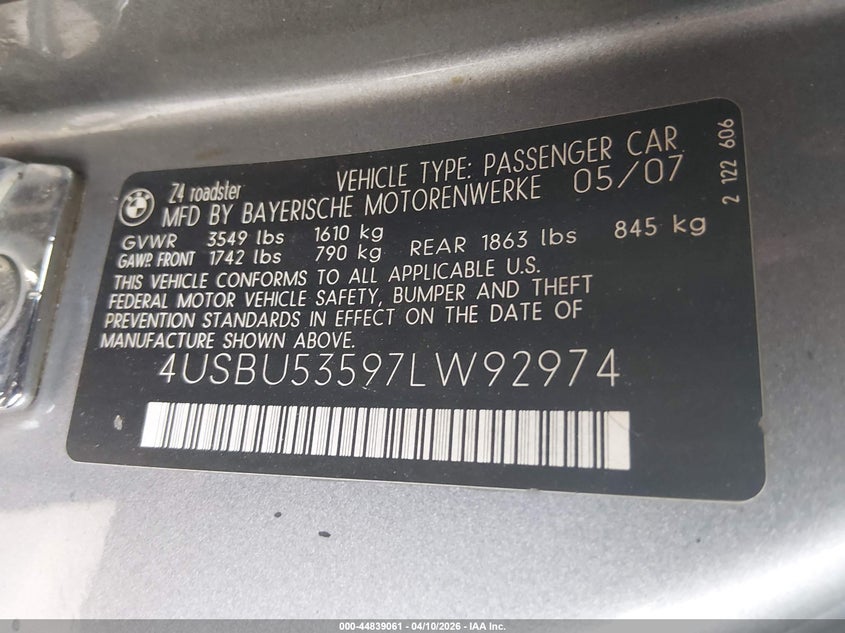2007 BMW Z4 3.0Si VIN: 4USBU53597LW92974 Lot: 44839061