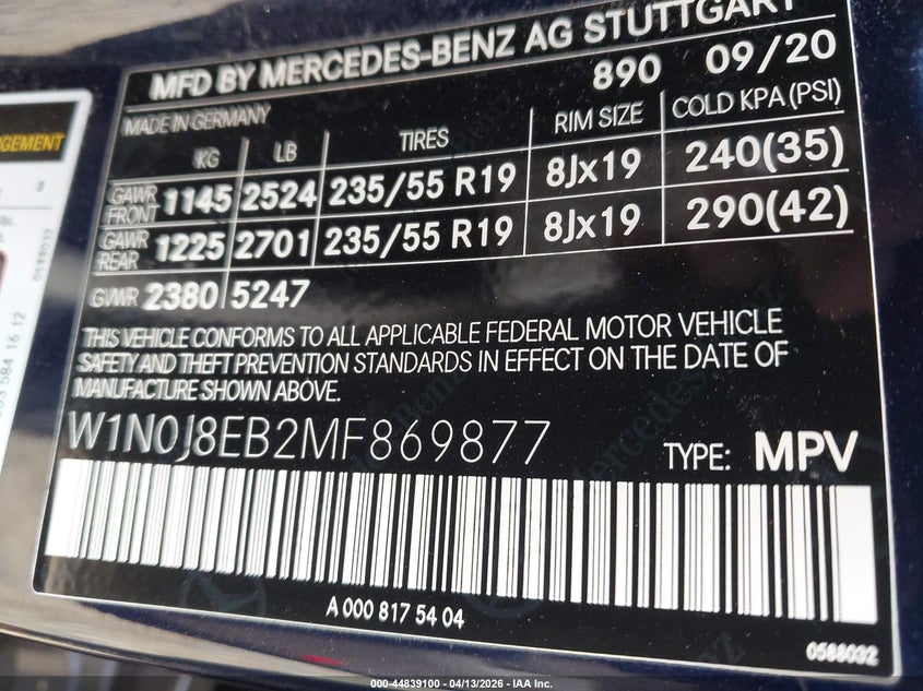 2021 Mercedes-Benz Glc 300 4Matic Coupe VIN: W1N0J8EB2MF869877 Lot: 44839100