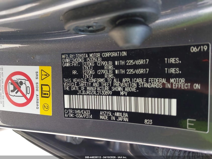 2020 Lexus Nx 300H VIN: JTJDJRDZXL2130899 Lot: 44839113