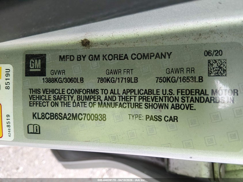 2021 Chevrolet Spark Fwd Ls Automatic VIN: KL8CB6SA2MC700938 Lot: 44839178