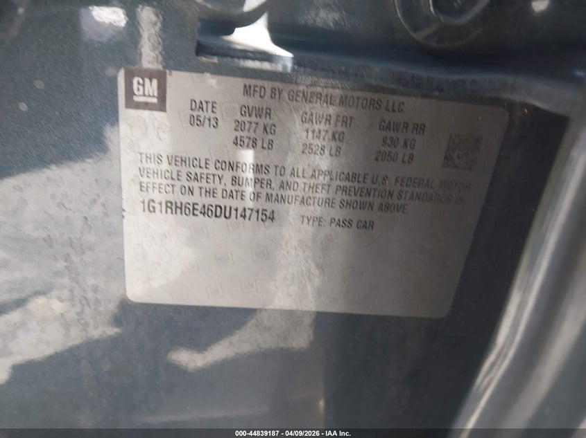 2013 Chevrolet Volt VIN: 1G1RH6E46DU147154 Lot: 44839187