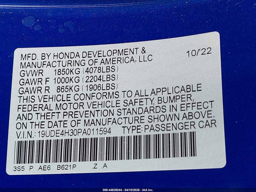 2023 Acura Integra A-Spec VIN: 19UDE4H30PA011594 Lot: 44839244