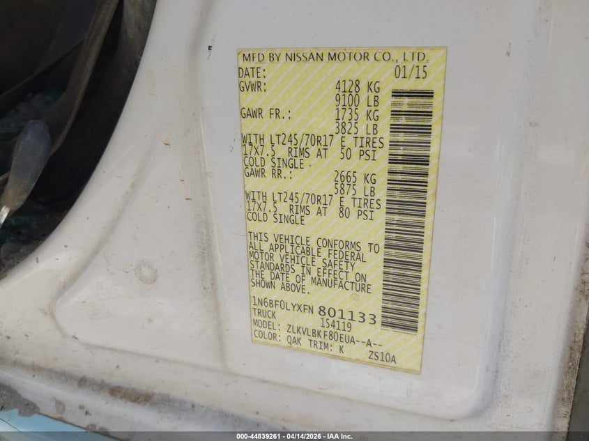 2015 Nissan Nv Cargo Nv2500 Hd S V6/Sl V6/Sv V6 VIN: 1N6BF0LYXFN801133 Lot: 44839261