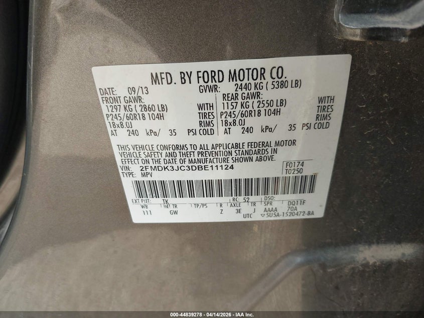 2013 Ford Edge 3.5 Sel grey Lot 111044839278 Vin 2FMDK3JC3DBE11124