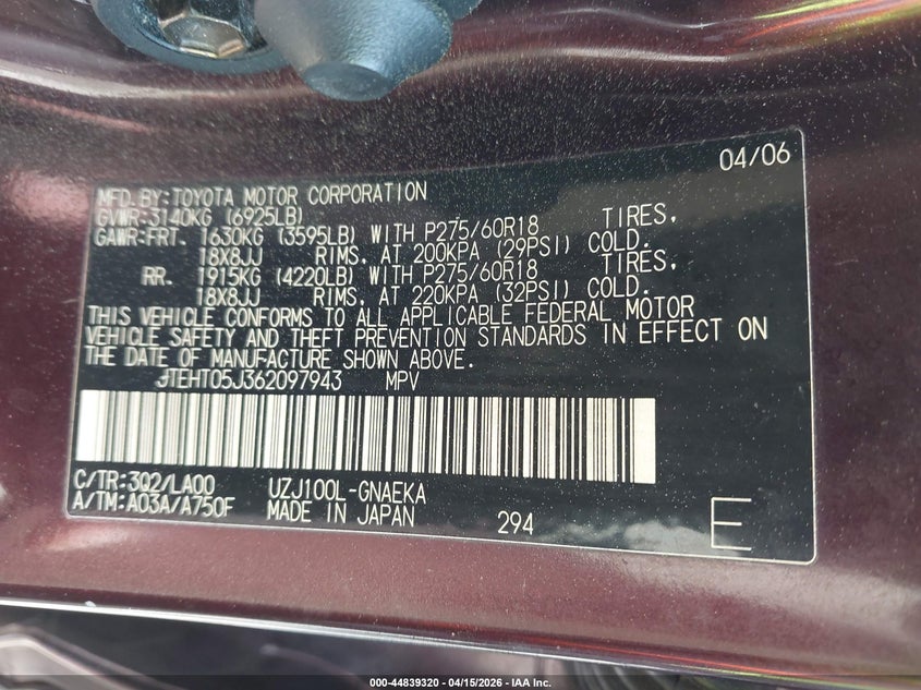 2006 Toyota Land Cruiser V8 VIN: JTEHT05J362097943 Lot: 44839320