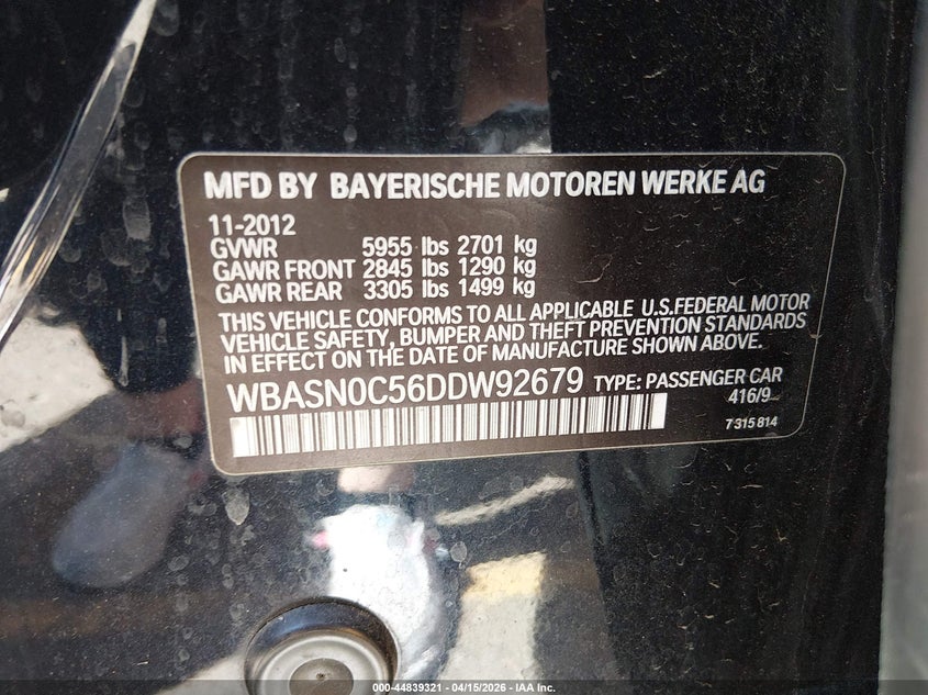 2013 BMW 550I Gran Turismo VIN: WBASN0C56DDW92679 Lot: 44839321