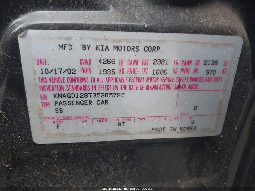 2003 Kia Optima Lx V6/Se V6 VIN: KNAGD128735205797 Lot: 44839343