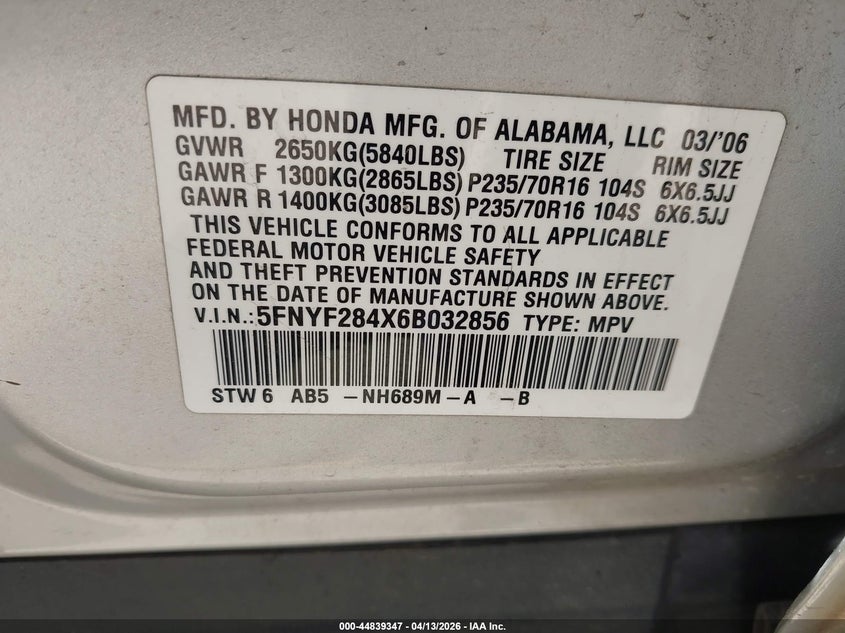 2006 Honda Pilot Ex VIN: 5FNYF284X6B032856 Lot: 44839347