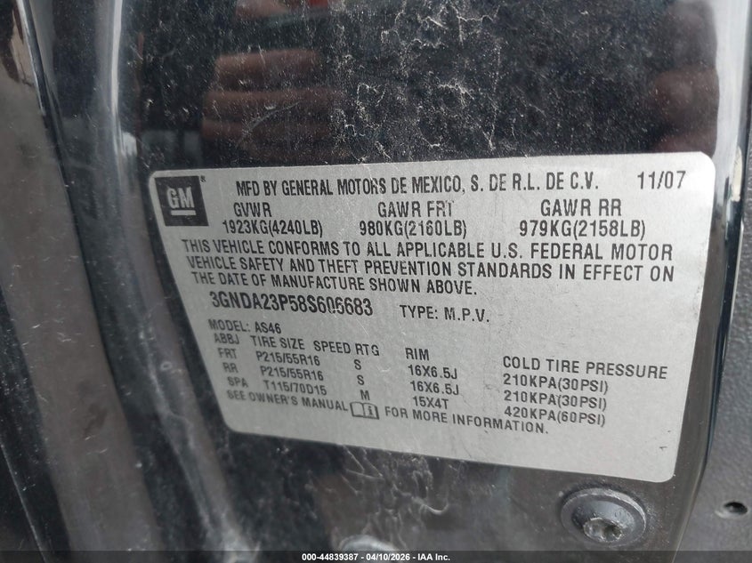 2008 Chevrolet Hhr Lt VIN: 3GNDA23P58S606683 Lot: 44839387