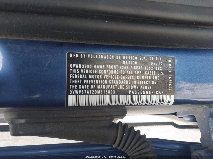 2013 Volkswagen Beetle Turbo VIN: 3VWV67AT2DM615803 Lot: 44839391