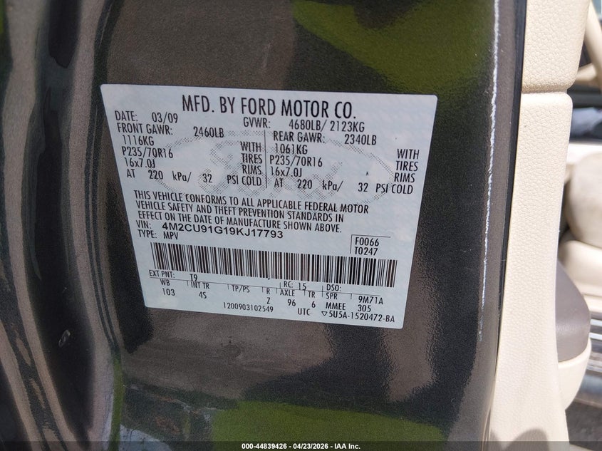 2009 Mercury Mariner V6 VIN: 4M2CU91G19KJ17793 Lot: 44839426