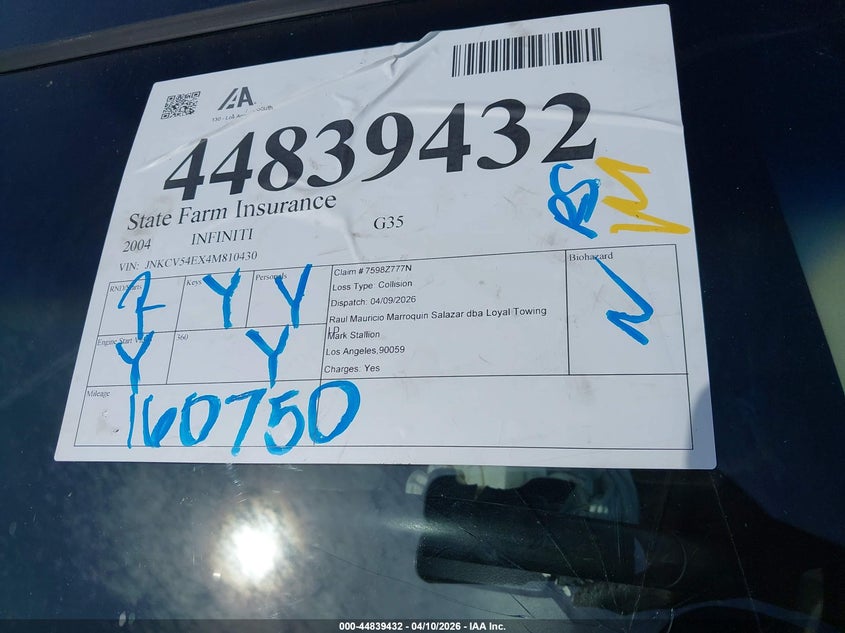 2004 Infiniti G35 VIN: JNKCV54EX4M810430 Lot: 44839432