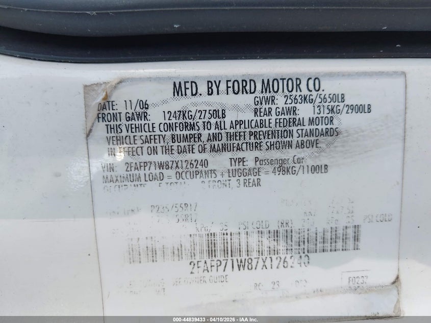 2007 Ford Crown Victoria Police/Police Interceptor VIN: 2FAFP71W87X126240 Lot: 44839433