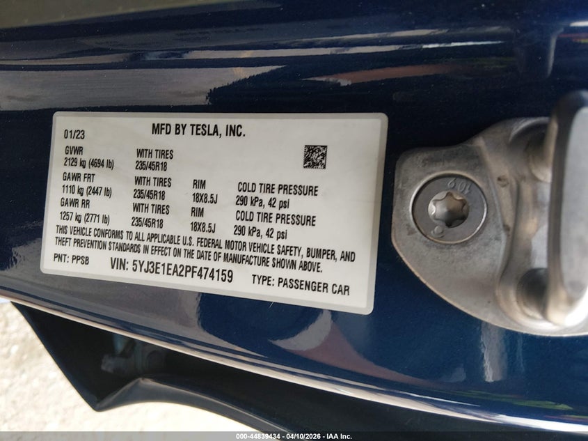 2023 Tesla Model 3 Rear-Wheel Drive blue Lot 111044839434 Vin 5YJ3E1EA2PF474159