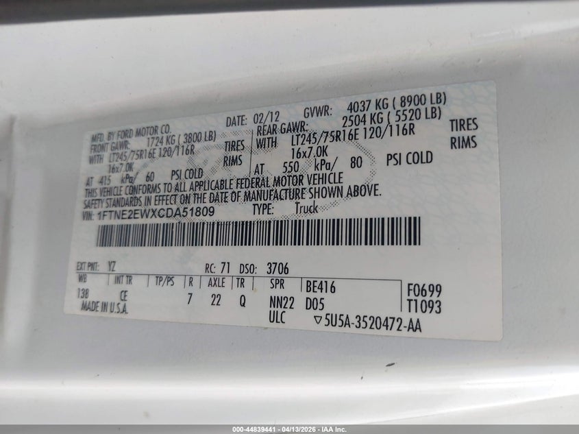 2012 Ford Econoline 4.6 E-250 Commercial white Lot 111044839441 Vin 1FTNE2EWXCDA51809