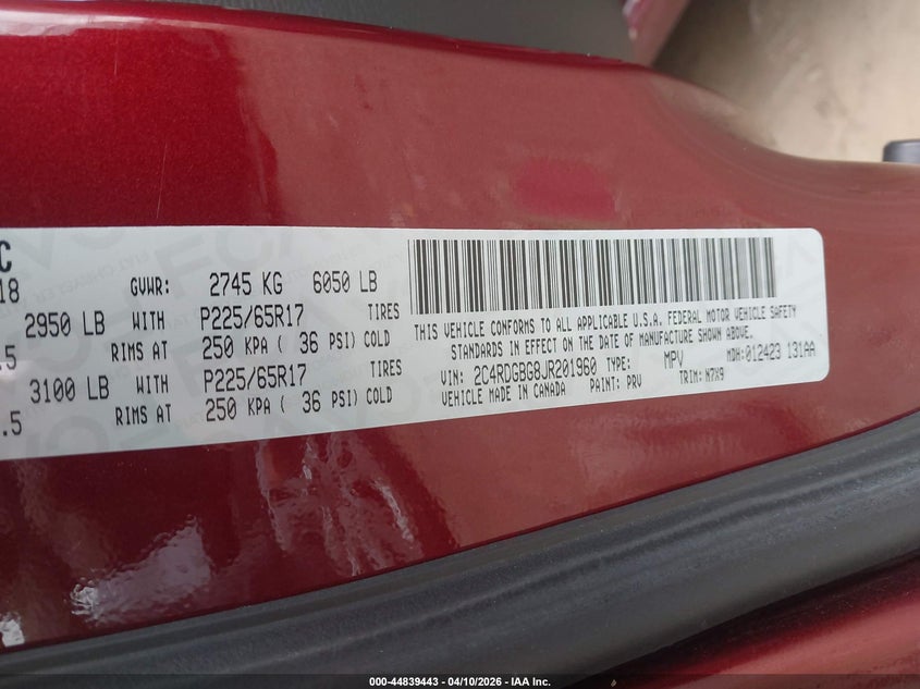 2018 Dodge Caravan 3.6 red Lot 111044839443 Vin 2C4RDGBG8JR201960