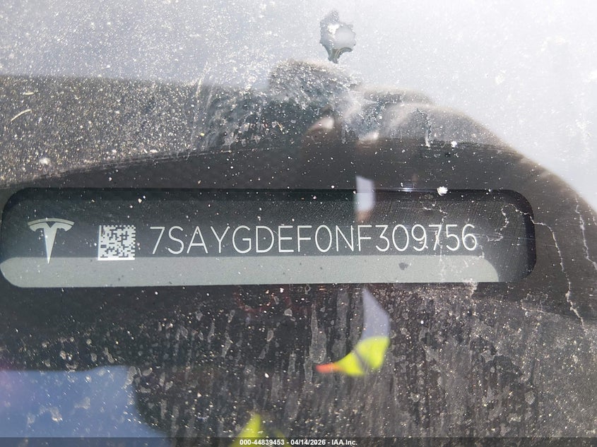 2022 Tesla Model Y Performance Dual Motor All-Wheel Drive VIN: 7SAYGDEF0NF309756 Lot: 44839453