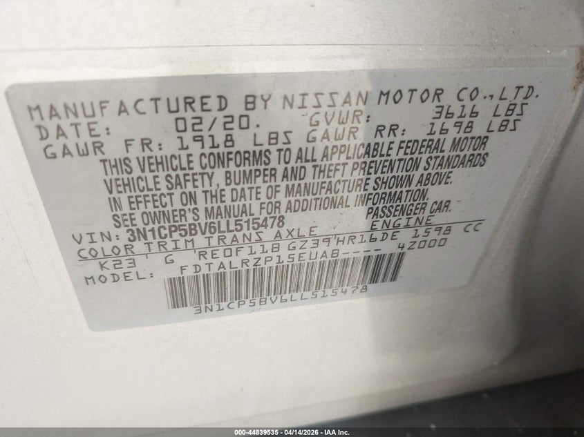 2020 Nissan Kicks S Xtronic Cvt VIN: 3N1CP5BV6LL515478 Lot: 44839535