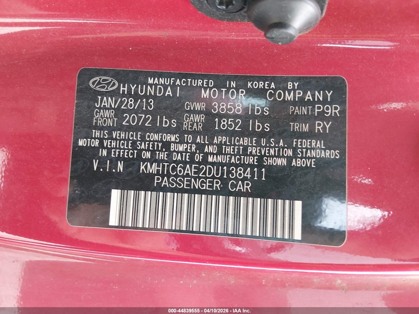 2013 Hyundai Veloster Turbo W/Black VIN: KMHTC6AE2DU138411 Lot: 44839555