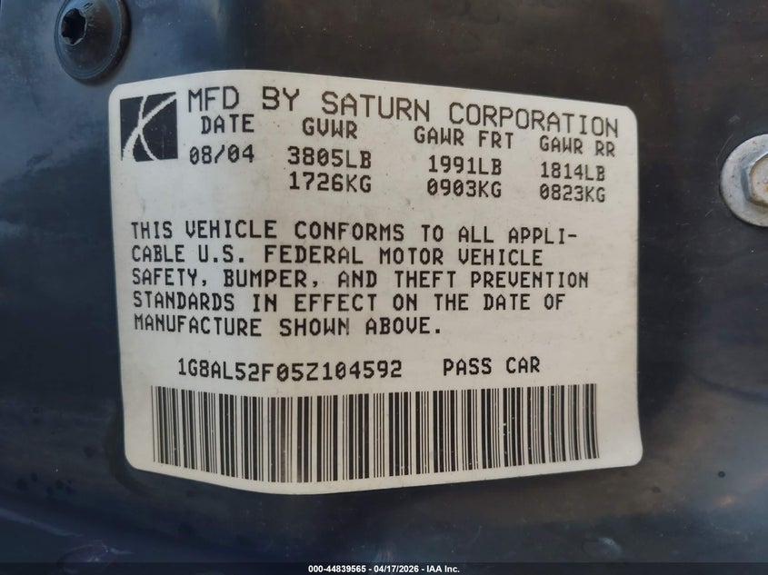 2005 Saturn Ion 3 VIN: 1G8AL52F05Z104592 Lot: 44839565
