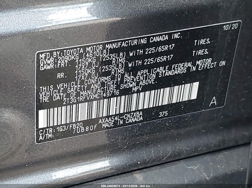 2021 Toyota Rav 4 2.5 Rav4 Le grey Lot 111044839574 Vin 2T3G1RFVXMC149716