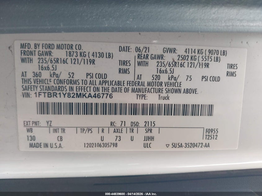 2021 Ford Transit 3.5 -250 white Lot 111044839600 Vin 1FTBR1Y82MKA46776