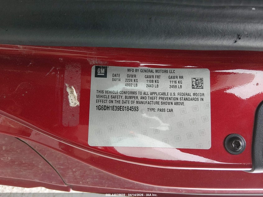 2014 Cadillac Cts Premium VIN: 1G6DH1E39E0184593 Lot: 44839608
