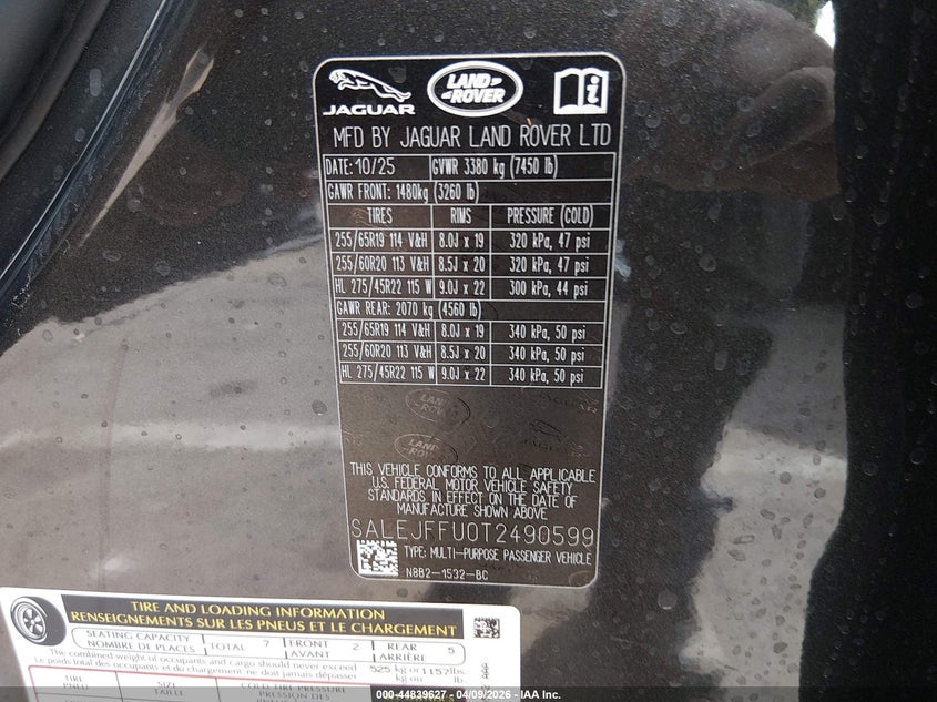 2026 Land Rover Defender P300 S VIN: SALEJFFU0T2490599 Lot: 44839627