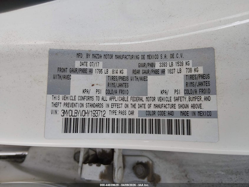 VIN 3MYDLBYV0HY193712 2017 TOYOTA YARIS IA