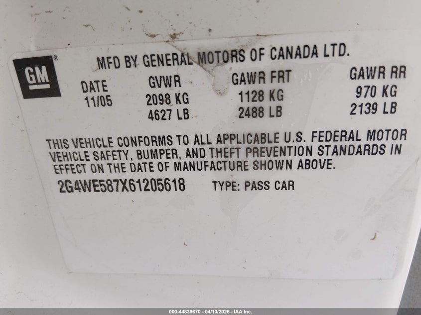 2006 Buick Lacrosse Cxs VIN: 2G4WE587X61205618 Lot: 44839670