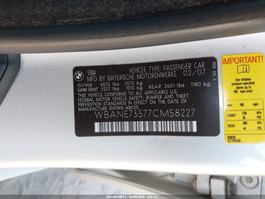 2007 BMW 530I VIN: WBANE73577CM58227 Lot: 44839672