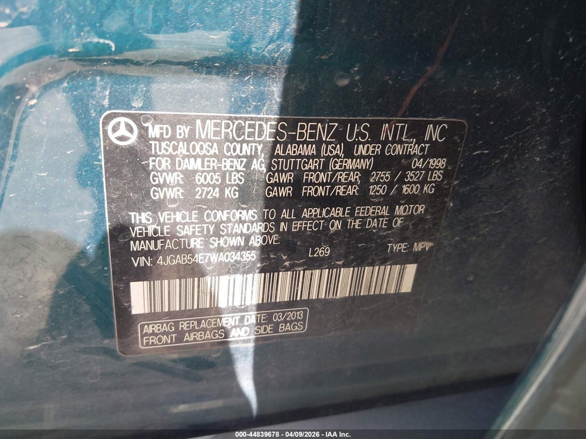 1998 Mercedes-Benz Ml 320 Classic VIN: 4JGAB54E7WA034355 Lot: 44839678