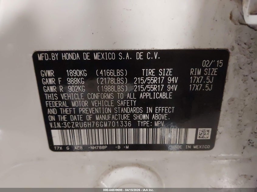 2016 Honda Hr-V Ex-L VIN: 3CZRU6H76GM701336 Lot: 44839698