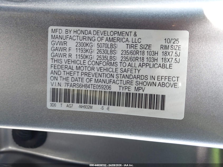 VIN 7FARS6H84TE059206 2026 HONDA CR-V HYBRID AWD SPORT-L