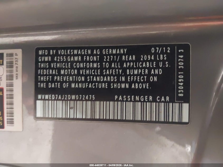 2013 Volkswagen Gti 2-Door VIN: WVWED7AJ2DW072475 Lot: 44839711